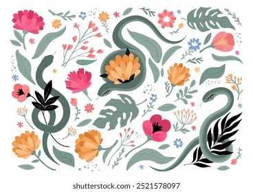 Conjunto de serpientes con flores. Pegatinas lindas dibujadas a mano. Ilustración vectorial plana simple