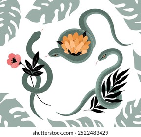 Set of snakes with flowers. Hand drawn cute stickers. Simple flat vector illustration