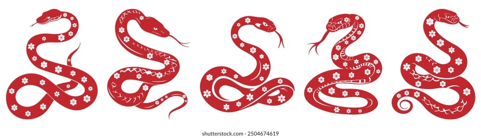 Set of snakes icons with floral design. Happy Chinese new year 2025 Zodiac signs 
