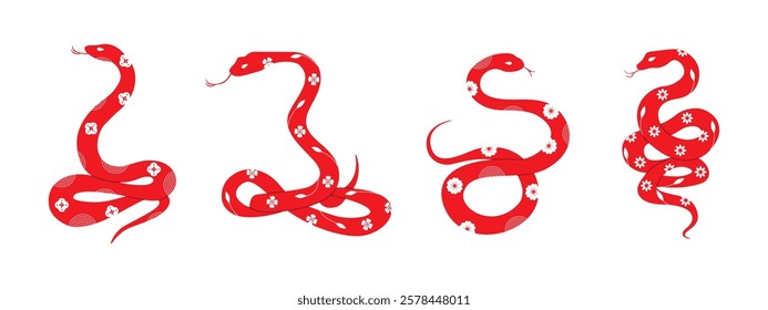 Set of snakes icons with floral design. Chinese zodiac 2025, asian traditional holiday decoration, oriental animal sign with flowers. Vector collection.