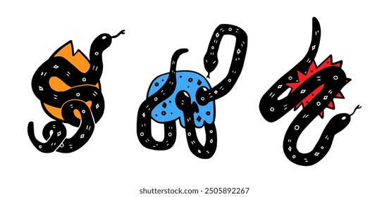 Set of snakes in linocut. Trendy vector illustration.