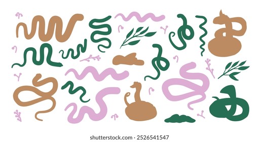 Conjunto de silhueta de cobras. Répteis clip art. Vetor mão desenhada ilustração de coleção plana isolado no fundo branco.