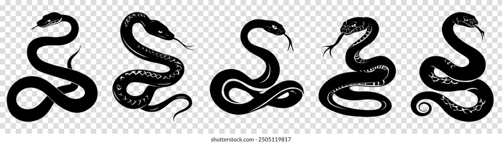 Set of snakes silhouette. Vector illustration isolated on transparent background
