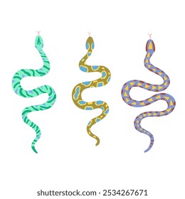 Conjunto de cobras com vários padrões. Elementos de design vetorial isolados em fundo branco.