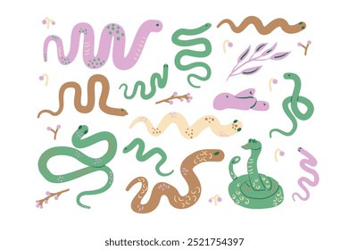 Conjunto de serpientes. Vector dibujado a mano ilustración de colección aislada sobre fondo blanco.