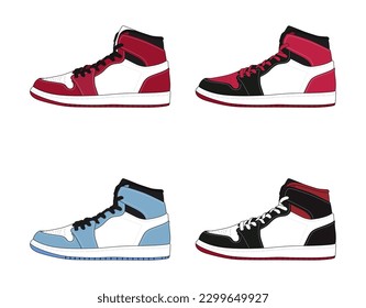 Set Sneaker shoe collection isolated on white background. Sneakers for training, running, and basketball. Vector Illustration