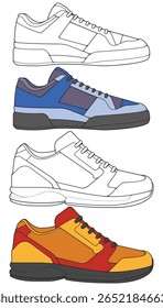 Establecer el concepto de zapato de zapatilla. Diseño de zapatillas. Ilustración vectorial. Conjunto de zapatillas de estilo. Vista lateral de las zapatillas. Zapatillas de moda.