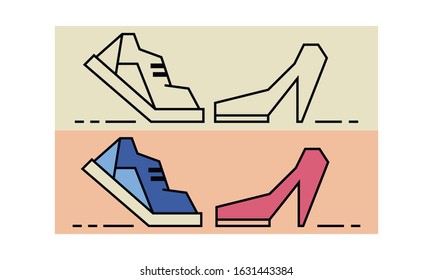 Set of sneakers and classic shoes. Casual sporty shoe and high heel icon on color background. Vector illustration. Isolated
