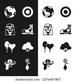 Set Sneakers, Hippie girl, Yin Yang symbol, Sun, Balloons, Peace cloud, Flower vase and No war icon. Vector