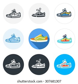 Set of sneakers icons in different styles isolated on white background.