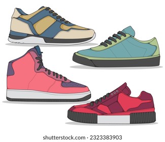 Set of sneakers illustration in colorful drawings, sneakers vector line art isolated, bundling shoe illustration template.
