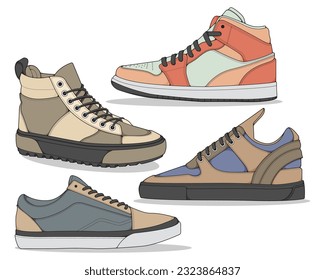 Set of sneakers illustration in colorful drawings, sneakers vector line art isolated, bundling shoe illustration template.
