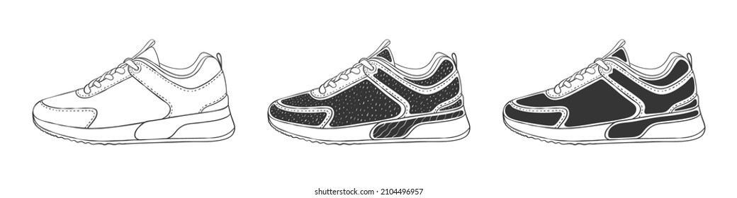 Set of sneakers. Men's or women's sneakers. Modern sneakers. Hand-drawn sneakers. Vector image