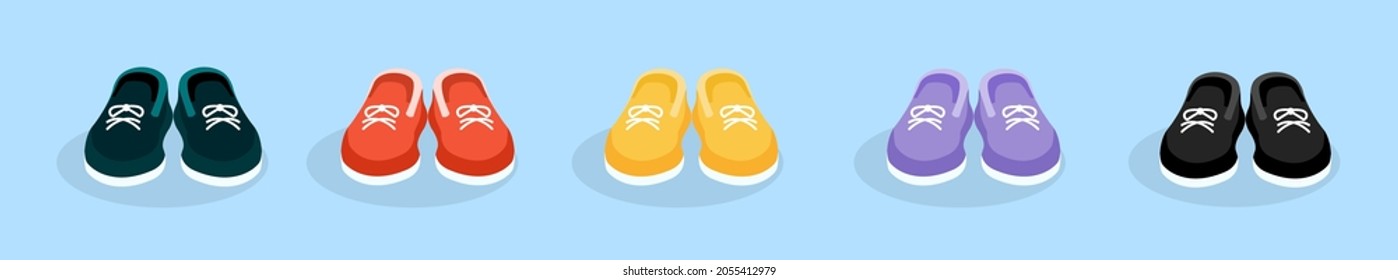 Set of sneakers in red, black, yellow, purple colors on an isolated background. Vector illustration of bright shoes. Flat design