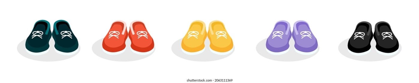 Set of sneakers in red, black, yellow, purple colors on an isolated background. Vector illustration of bright shoes. Flat design.