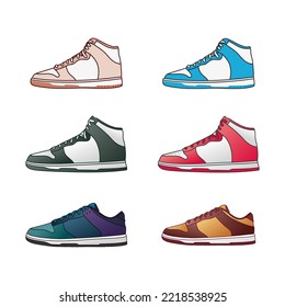 Set of Sneakers shoe side view isolated on white background. Vector Illustration