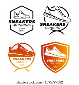 Set of sneakers shoes logo. Four modern-style logo concepts, logos with frames and logos with shields. Flat logo