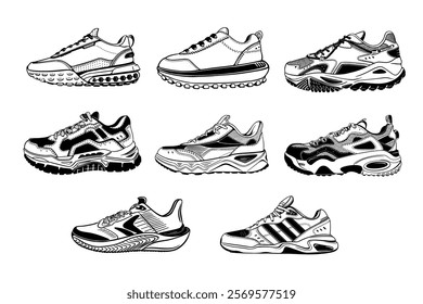 Set Sneakers sports shoes vector sketch. Isolated on white background.