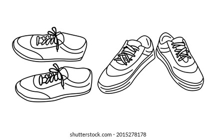 A set of sneakers for sports and walking.  Sport shoes. Doodle style outline illustration. Vector