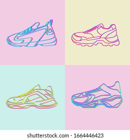 Set of sneakers vector Icon. Bright Neon Linear shoes on pink blue and yellow Background.Simple illustration of fitness and sport, gym shoe. Sign shop graphics