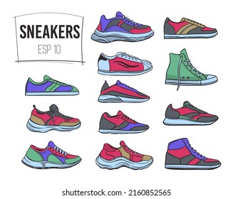 Set of sneakers. Vector shoes outline illustration. 