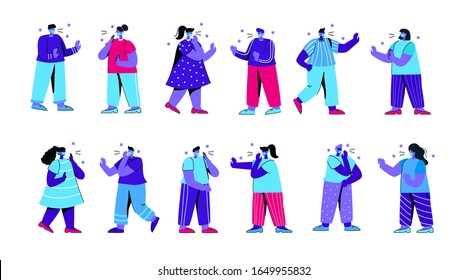 Set of sneezing and coughing people wearing medical masks. Bundle of male and female characters protecting themselves from coronavirus, flu, infection, air pollution. Flat blue vector illustration.