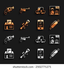 Set Sniper optical sight, Advertising weapon, Trap hunting, Shop mobile app, Hunting shop, Collimator, Small gun revolver and Mauser icon. Vector