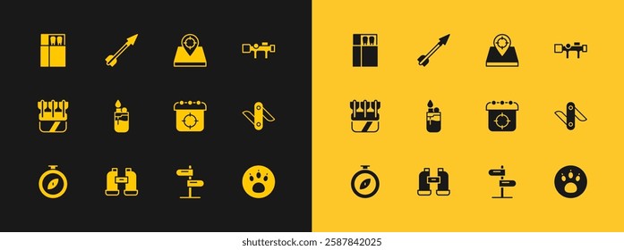 Set Sniper optical sight, Binoculars, Target sport, Road traffic sign, Lighter, Hunt place, Open matchbox and matches and Medieval arrow icon. Vector
