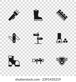 Ajuste la vista óptica del francotirador, los cartuchos, los cánceres de ciervo en el escudo, la señal de tráfico por carretera, la correa del cartucho de caza, la linterna, la funda de goma impermeable y el icono del cuchillo del ejército suizo. Vector