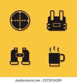 Set Sniper optical sight, Coffee cup, Binoculars and Bulletproof vest icon with long shadow. Vector