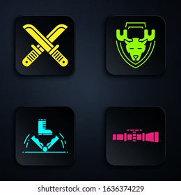Set Sniper optical sight, Crossed hunter knife, Trap hunting and Moose head on shield. Black square button. Vector