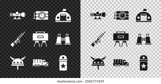 Conjunto de mira óptica de francotirador, reloj de dinamita y temporizador, cuarteles militares, vikingo en casco con cuernos, camión, Chevron, rifle con mira telescópica e icono de mina. Vector