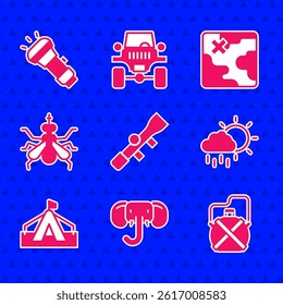 Set Sniper optical sight, Elephant, Canteen water bottle, Cloud with rain, Tourist tent, Mosquito, Africa safari map and Flashlight icon. Vector