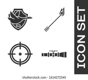 Set Sniper optical sight, Flying duck on shield, Target sport for shooting competition and Flame arrow icon. Vector