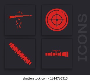Set Sniper optical sight, Gun shooting, Target sport for shooting competition and Hunting cartridge belt with cartridges icon. Vector