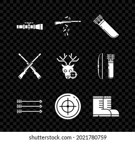 Set Sniper optical sight, Gun shooting, Quiver with arrows, Hipster, Target sport for competition, Hunter boots, Two crossed shotguns and deer crosshairs icon. Vector