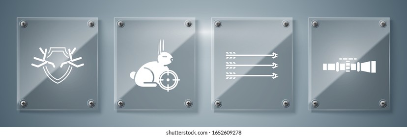 Set Sniper optical sight, Hipster arrows, Hunt on rabbit with crosshairs and Deer antlers on shield. Square glass panels. Vector