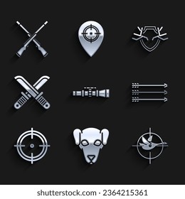 Set Sniper optical sight, Hunting dog, on duck with crosshairs, Hipster arrows, Target sport for shooting competition, Crossed hunter knife, Deer antlers shield and Two crossed shotguns icon. Vector