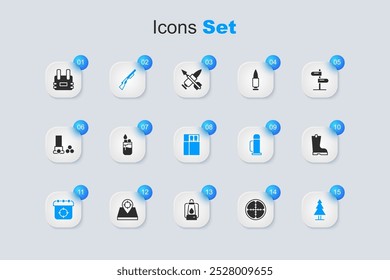 Set Sniper optical sight, Lighter, Hunting gun, Target sport, Tree, Waterproof rubber boot, Bulletproof vest and Open matchbox and matches icon. Vector