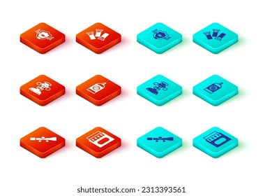 Sniperoptik, Matchbox und Streichhölzer, afrikanisches Stamm-Männchen, Insektenspray, Patronen und Hirschantler auf dem Schild Symbol. Vektorgrafik