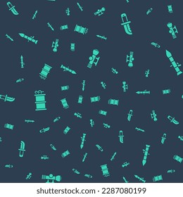 Optisches Sniper-Sichtgerät, Militärmesser, Handrauchgranate und Raketenwerfer auf nahtloses Muster setzen. Vektorgrafik