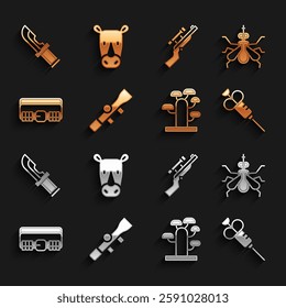 Set Sniper optical sight, Mosquito, Syringe, African tree, Hunting cartridge belt, rifle with scope, Hunter knife and Rhinoceros icon. Vector