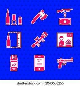 Set Sniper óptico sight, Comprar arma en aplicación móvil, pistola de águila del desierto, publicidad, spray de pimienta, bala, rifle de asalto de compra e icono. Vector