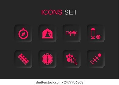 Set Sniper optical sight, Tourist tent, Compass, Paw search, Bullet, Dead fish,  and Hunting cartridge belt icon. Vector