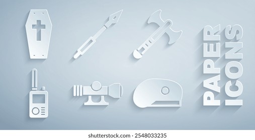 Set Sniper optische Sicht, Kriegsaxt, Walkie Talkie, Military Baskenmütze, mittelalterlichen Speer und Sarg mit Kreuz-Symbol. Vektorgrafik