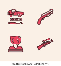 Set Sniper rifle with scope, Car theft, Police shotgun and Kidnaping icon. Vector