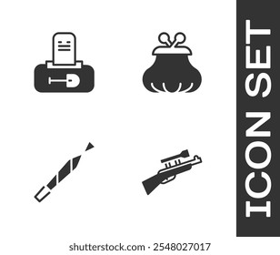 Conjunto de rifle de francotirador con alcance, lápida de tumba, articulación de marihuana e icono de billetera. Vector