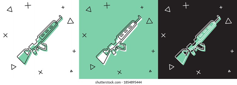 Set Sniper rifle with scope icon isolated on white and green, black background.  Vector