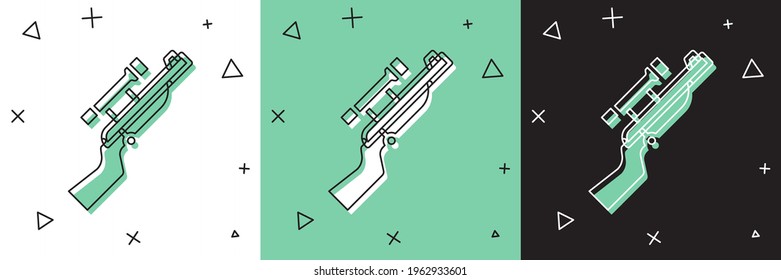 Establece el rifle Sniper con el icono de ámbito aislado en fondo blanco y verde, negro.  Vector