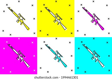 Establezca el rifle Sniper con el icono de ámbito aislado en el fondo de color.  Ilustración vectorial